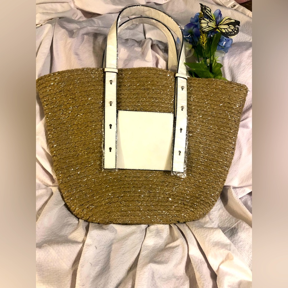 NWT  Handmade Jute adjustable strap front pocket shopper tote bag